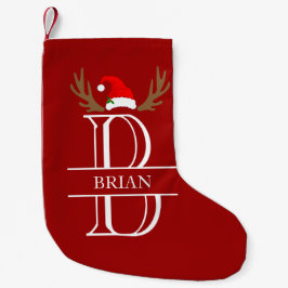 モノグラムBイニシャル入りクリスマスツリーサンタの帽子と鹿の角 スモールクリスマスストッキング