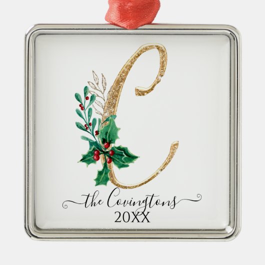 モノグラムCホリークリスマス金ゴールドグリッターファミリー メタルオーナメント (正面)