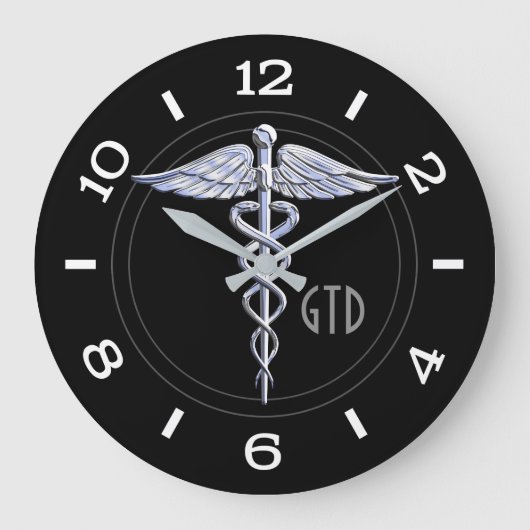 モノグラムCaduceus Medical Symbol on Black ラージ壁時計 (正面)