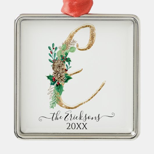 モノグラムEファミリーホリークリスマス金ゴールドグリッター メタルオーナメント (正面)