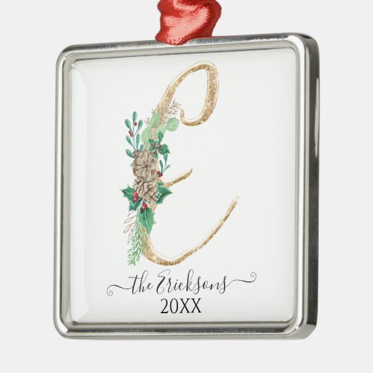 モノグラムEファミリーホリークリスマス金ゴールドグリッター メタルオーナメント (左)