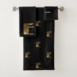モノグラムEブラックアンド金ゴールドルックエレガントタイポグラフィ バスタオルセット