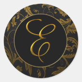 モノグラムE金ゴールドとブラックダマスクウェディングシール ラウンドシール (正面)