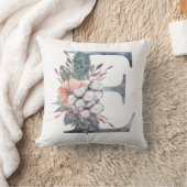 モノグラムE フラワーパターン 水彩 ブルー ピンク ピーチ クッション (ブランケット)