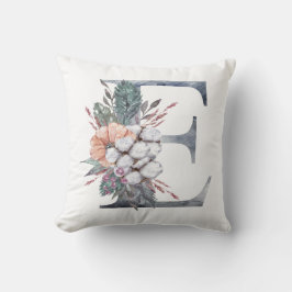 モノグラムE フラワーパターン 水彩 ブルー ピンク ピーチ クッション