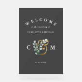 モノグラムEucalyptusグリーンリー結婚金ゴールドの歓迎 アクリルサイン (正面)