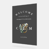 モノグラムEucalyptusグリーンリー結婚金ゴールドの歓迎 アクリルサイン (傾斜)