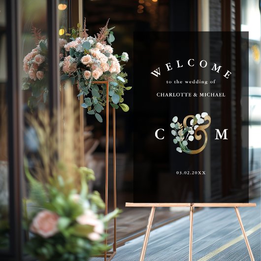 モノグラムEucalyptusグリーンリー結婚金ゴールドの歓迎 アクリルサイン