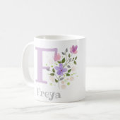 モノグラムFと名前Freyaと花のデザイン コーヒーマグカップ (正面左)