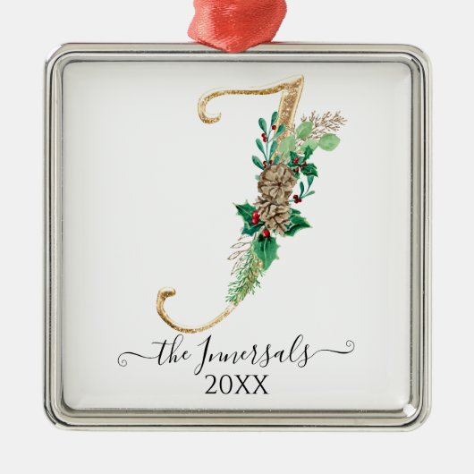 モノグラムI金ゴールドグリッターパインコーンホリークリスマス メタルオーナメント (正面)