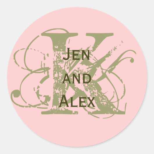 モノグラムKと名前ピンクステッカー ラウンドシール (正面)