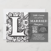 モノグラムLのタトゥーフラワー ブラック&ホワイトの結婚式 招待状 (正面)