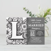 モノグラムLのタトゥーフラワー ブラック&ホワイトの結婚式 招待状 (スタンド正面)