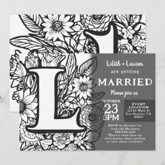 モノグラムLのタトゥーフラワー ブラック＆ホワイトの結婚式 招待状