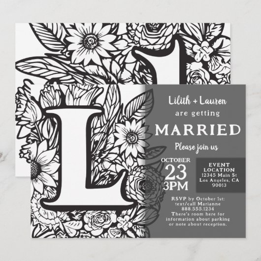 モノグラムLのタトゥーフラワー ブラック&ホワイトの結婚式 招待状 (正面/裏面)