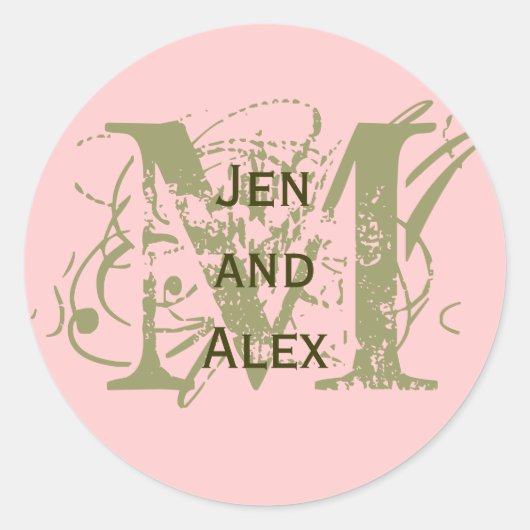 モノグラムMと名前ピンクステッカー ラウンドシール (正面)