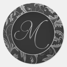 モノグラムM銀と黒ダマスクのウェディングシール ラウンドシール