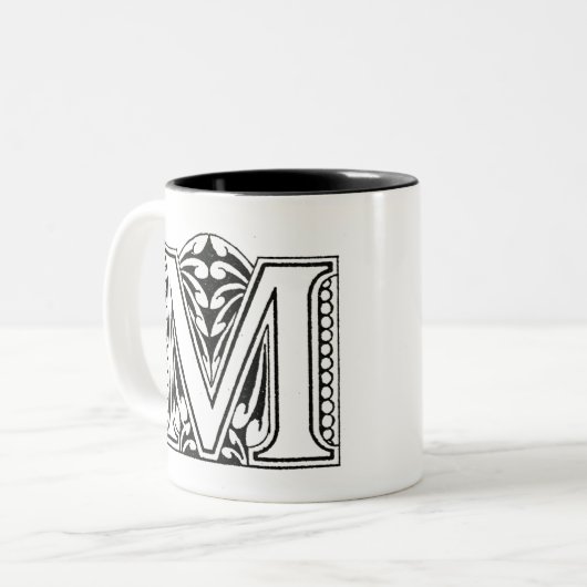 モノグラムM、文字M、アルファベットM、白黒 ツートーンマグカップ (正面左)