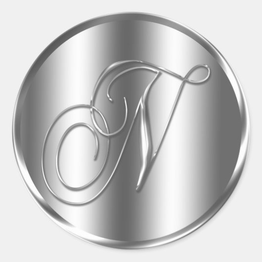 モノグラムNシルバーカラー結婚式招待状ホリデイ ラウンドシール (正面)