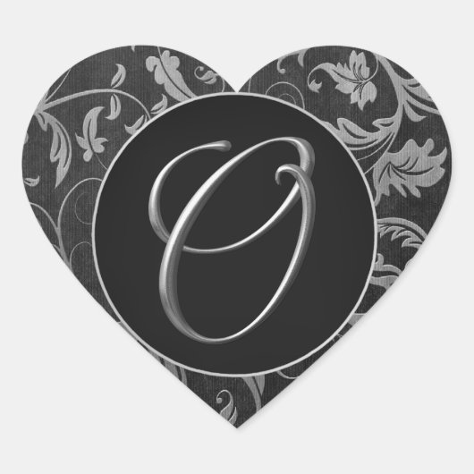 モノグラムOシルバーとブラックダマスクのウェディングシール ハートシール (正面)