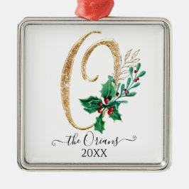 モノグラムO金ゴールドグリッタークリスマスホリーリーフ メタルオーナメント