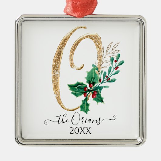 モノグラムO金ゴールドグリッタークリスマスホリーリーフ メタルオーナメント (正面)
