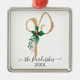 モノグラムPグリッター金ゴールドクリスマスホリーリーフ メタルオーナメント