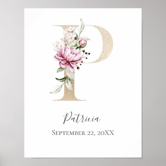 モノグラムPピンクホワイトフローラ金ゴールド文字子供部屋 ポスター (正面)