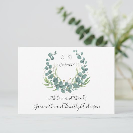 モノグラムPersonalize Eucalyptus Script 結婚's サンキューカード (スタンド正面)