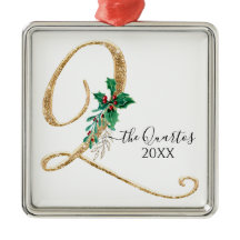 モノグラムQ金ゴールドグリッタークリスマスホリーリーフ