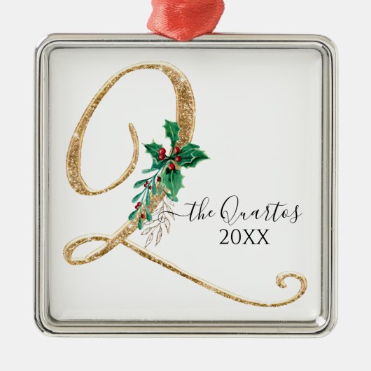 モノグラムQ金ゴールドグリッタークリスマスホリーリーフ メタルオーナメント (正面)