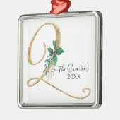 モノグラムQ金ゴールドグリッタークリスマスホリーリーフ メタルオーナメント (左)
