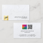 モノグラムQRコードアップロードロゴホワイト大理石金ゴールド 名刺 (正面/裏面)