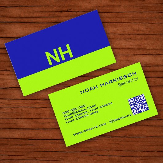 モノグラムQRコードブルー電気ライムミニマル 名刺