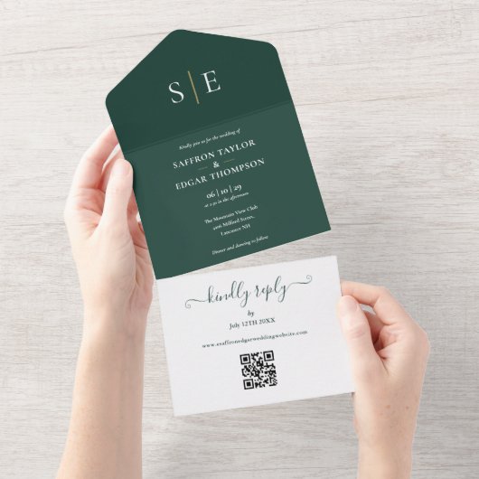 モノグラムQRコード エメラルドグリーンとゴールドの結婚式 オールインワン招待状 (貼ってはがせる)