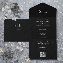 モノグラムQRコード ブラック＆ホワイトの結婚式 オールインワン招待状