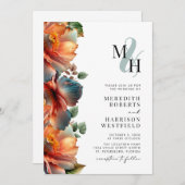 モノグラムQRコードRSVP秋フローラ秋結婚の 招待状 (正面/裏面)