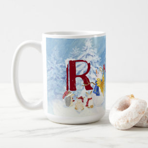 モノグラムRスノーウッドランド動物の雪だるま木 コーヒーマグカップ