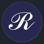 モノグラムR、ネイビーブルーの白いスクリプト ラウンドシール<br><div class="desc">モノグラムR、ネイビーブルーの白いスクリプト</div>