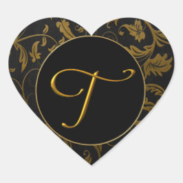 モノグラムT金ゴールドとブラックダマスクウェディングシール ハートシール