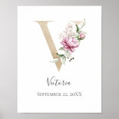 モノグラムVピンクホワイトフローラ金ゴールド文字子供部屋 ポスター (正面)