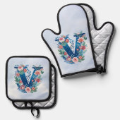 モノグラムV装飾フローラデザイン 鍋つかみ&鍋敷きセット (正面/裏面)