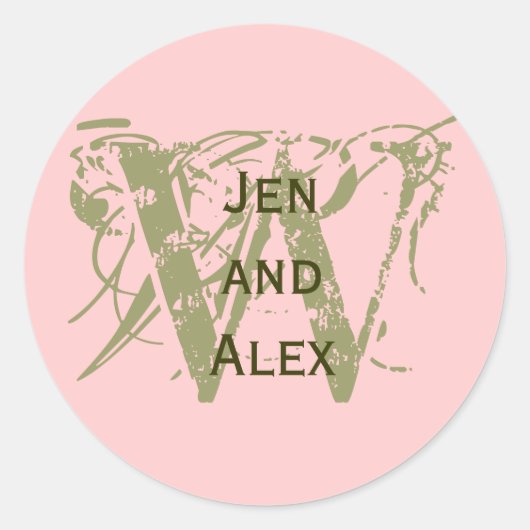 モノグラムWと名前ピンクステッカー ラウンドシール (正面)