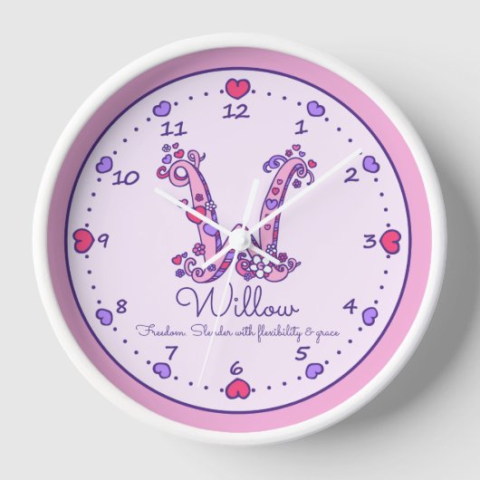 モノグラムWハートの女の子の名前はピンクの時計を意味する 壁時計 (正面)