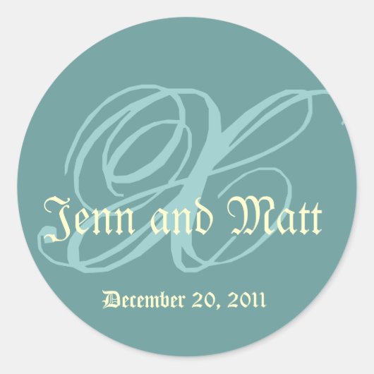 モノグラムX結婚の名前日付ブルークリームシール ラウンドシール (正面)