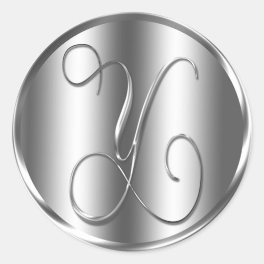 モノグラムYシルバーカラー結婚式招待状ホリデイ ラウンドシール (正面)