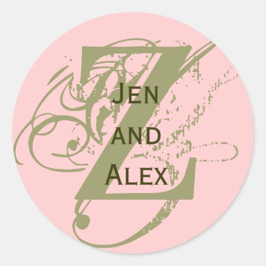 モノグラムZと名前ピンクステッカー ラウンドシール (正面)