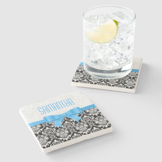 モノグラメド黒と白のダマスブルーリボン ストーンコースター (横)