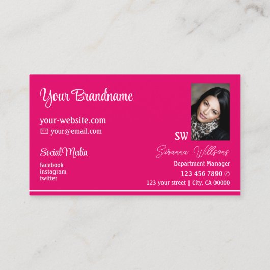 モノグラモダンムと写ストライプ真を持つピンクの白い 名刺 (裏面)