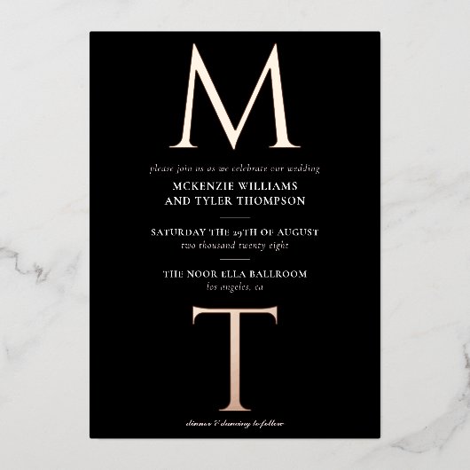 モノグラモダンムはっきりしたイニシャルバラ金ゴールド 箔招待状 (正面)